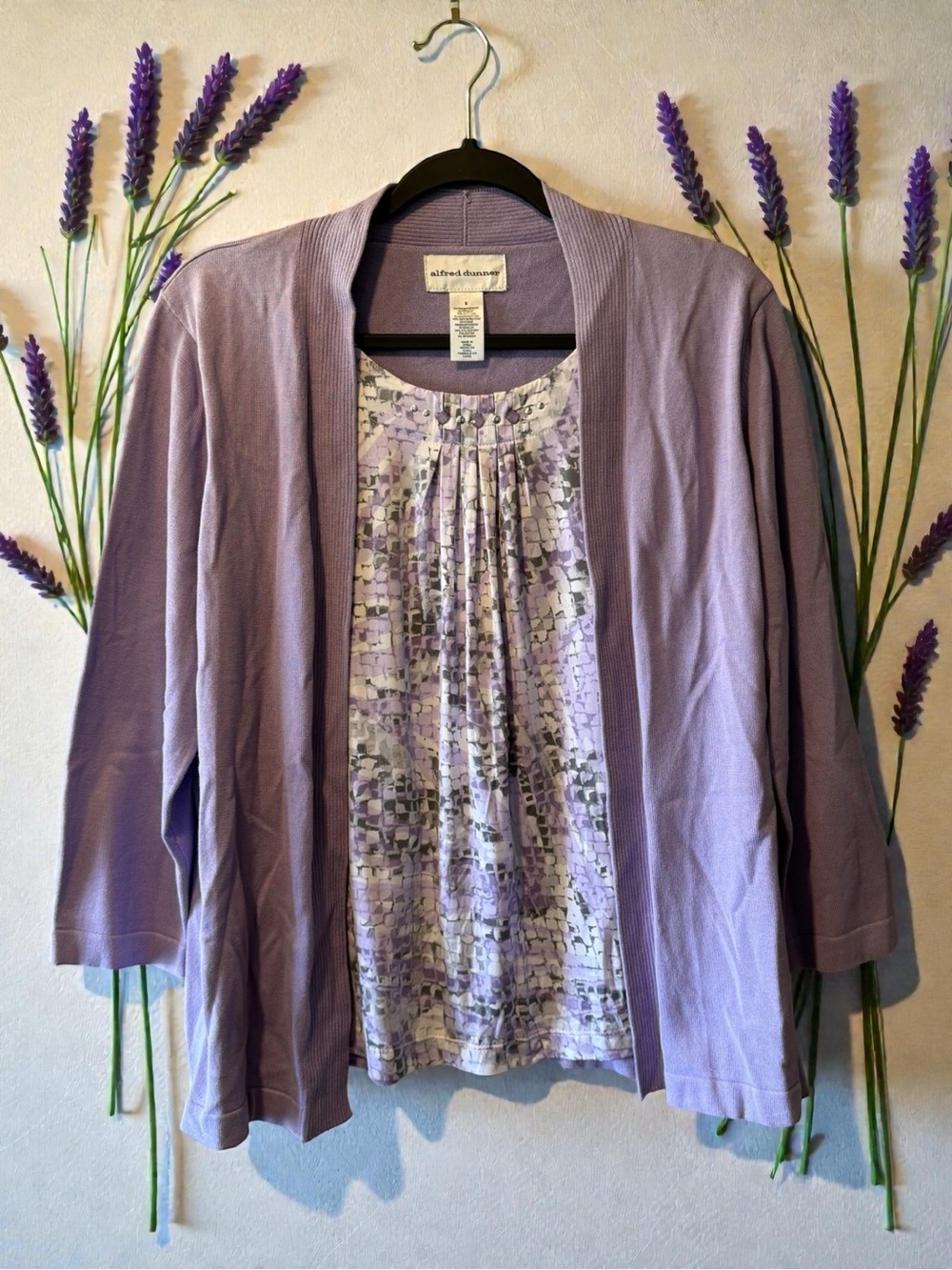 Alfred Dunner Light Purple/Grey Top with Open Front Cardigan & Attached Tank